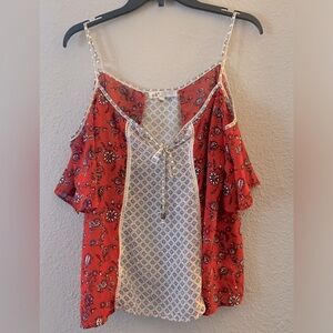 Boho style top, red & white floral print, size L